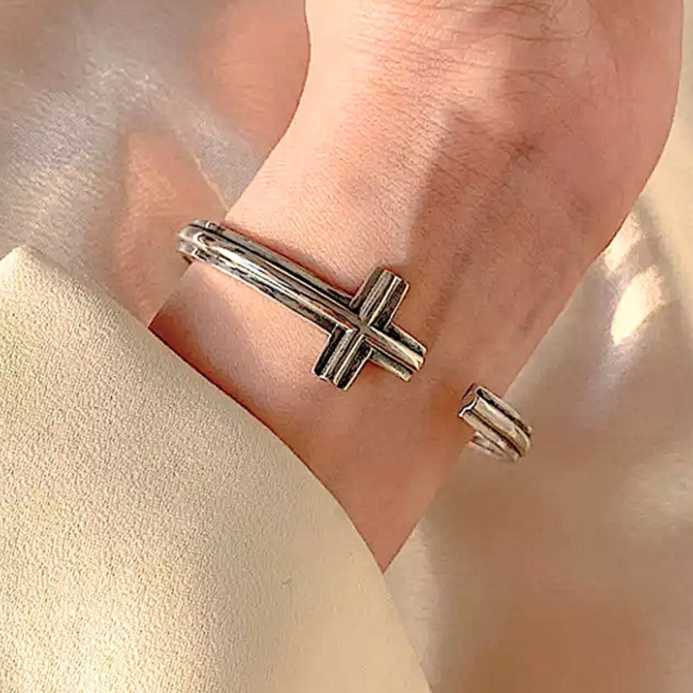 Cross Sterling Silver Minimalist Cuff Bangle Bracelet
